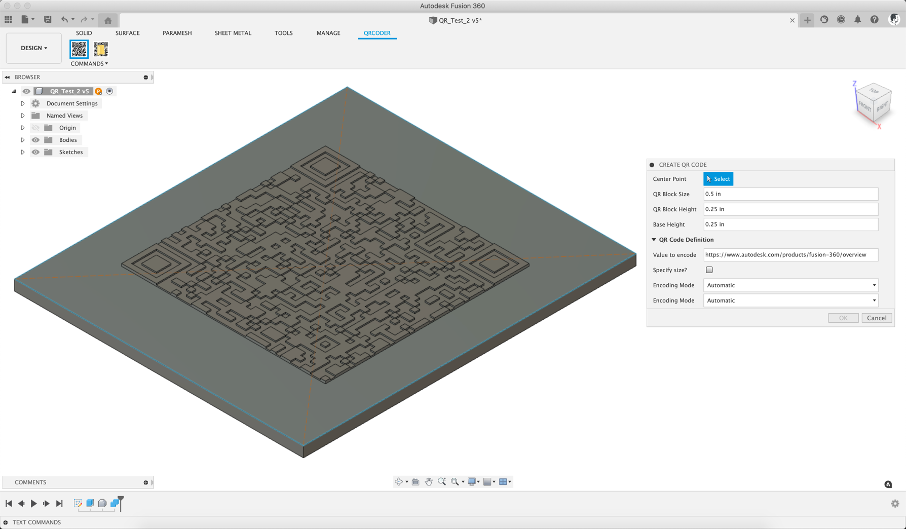 QRCoder Create QR Code 3D Geometry In Fusion 360